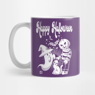 Black cat, pumpkin man, and ghost Mug